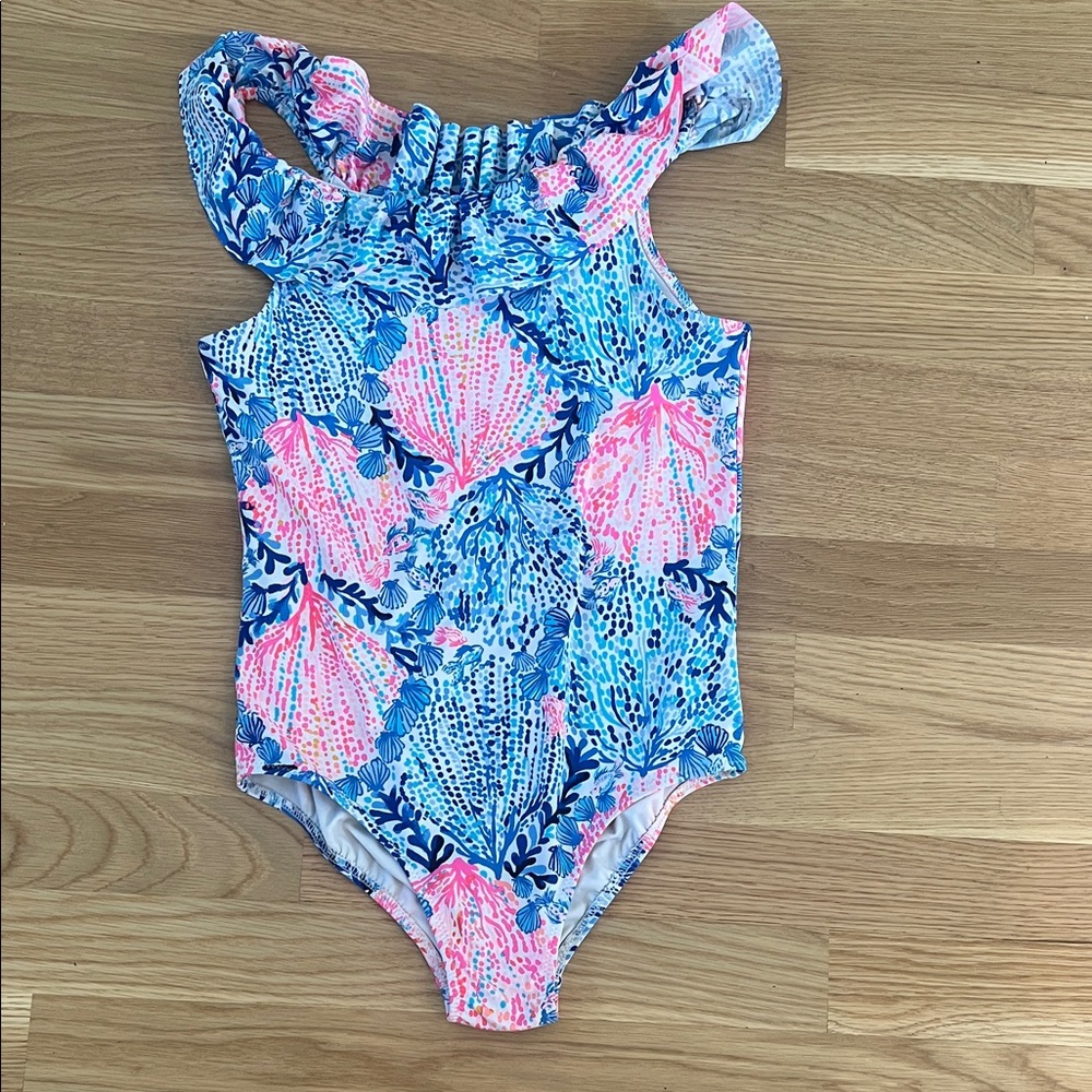 Lilly Pulitzer Girls Elana Ruffle One-Piece Swimsuit - Blue and Pink size 10
